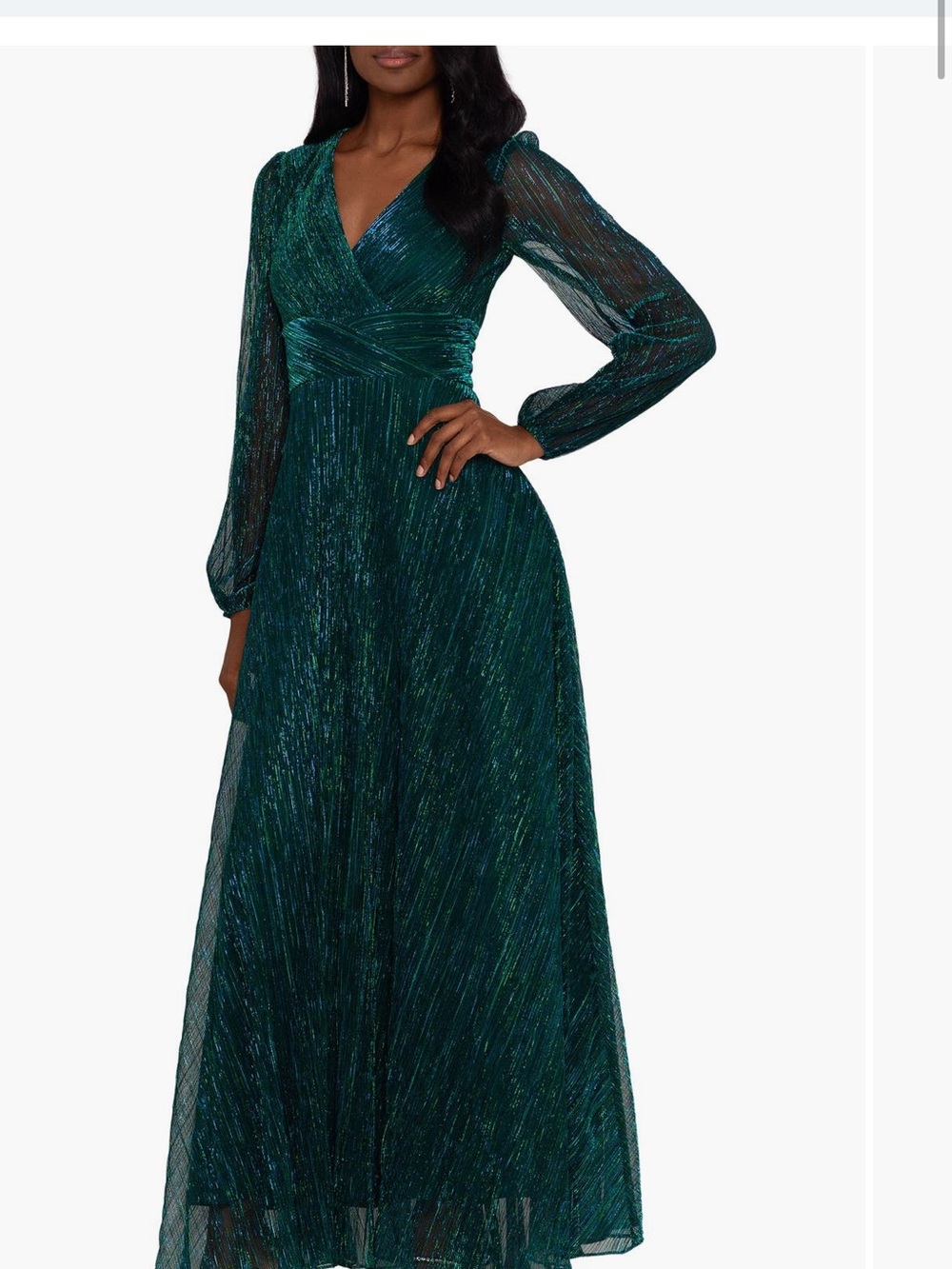 Betsy & Adam Teal Green Long-Sleeve Metallic Evening Gown